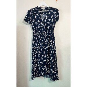 11:TYLHO Women Blue Bird Print Short Sleeves Wrap Midi Dress XS Tie-Waist Casual